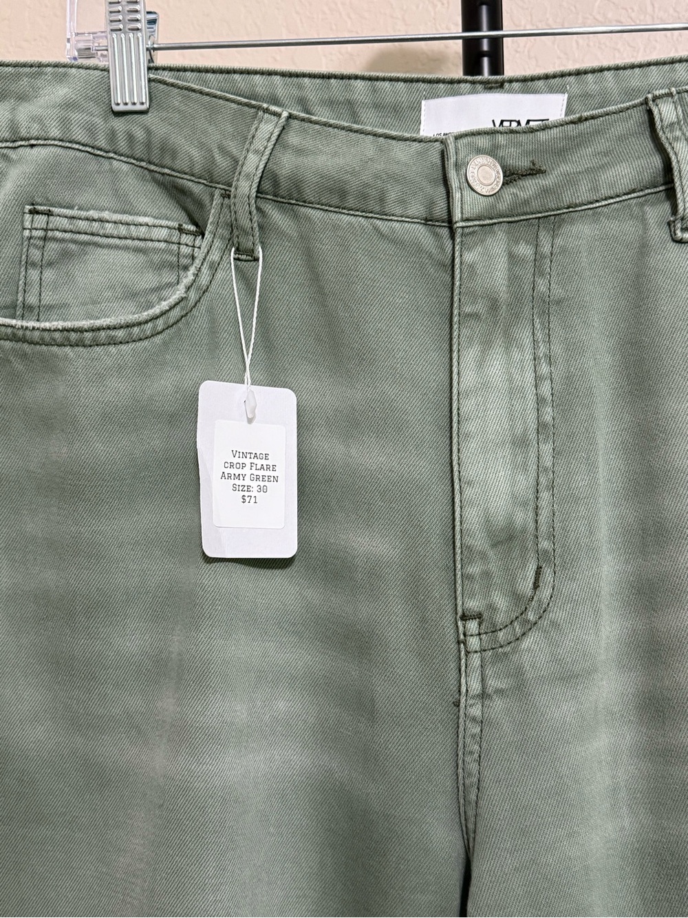 Vervet Vintage Crop Flare Distressed Jeans Army Green Size 30 NWT - Picture 3 of 10